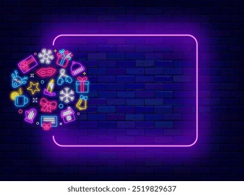 Merry Christmas greeting card. Winter party neon banner. Winter event. Empty purple frame and circle layout with icons. Holiday celebration. Copy space. Editing text. Vector stock illustration