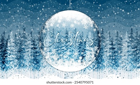 Merry Christmas greeting card with winter evening in blue tone, vector illustration.