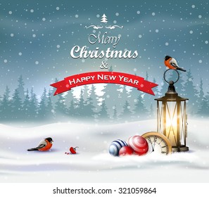 Merry Christmas greeting card. Winter landscape with lantern and bullfinch.