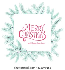 Merry Christmas greeting card. Winter wreath with pine branches. Hand drawn Christmas Holiday design for greeting cards, calendars, posters, prints, invitations.