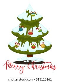 Merry Christmas greeting card. Winter holiday illustration of  fir pine tree with color ball decoration. New Year or xmas symbol. Vector design for december celebration in cartoon style.