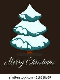 Merry Christmas greeting card. Winter holiday illustration with fir pine tree and snow on blue background. New Year or xmas symbol. Vector design for december celebration in cartoon style.