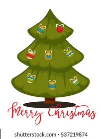 Merry Christmas greeting card. Winter holiday illustration with color ball decoration fir pine tree on blue background. New Year or xmas symbol Vector design for december celebration in cartoon style.