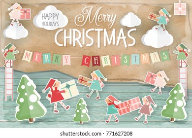 Merry Christmas Greeting Card - Winter Holidays Vintage Scene. Christmas Gnomes Bringing Gifts. Retro Style. Vector Illustration.