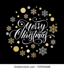 Merry Christmas greeting card of wish calligraphy text, golden decoration ball, gold glittering snowflake confetti and star pattern on black background. Vector Christmas or New Year for winter Holiday