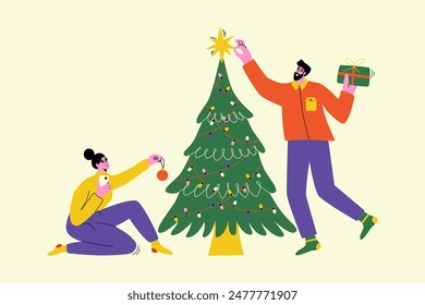 Merry Christmas greeting card. Woman and man decorating Christmas tree. New Year сartoon illustration for banner, cover. 