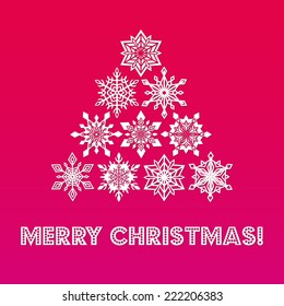 Merry Christmas Greeting Card with Words and Abstract Tree from White Lace Snowflakes on Gradient Red and Purple Background