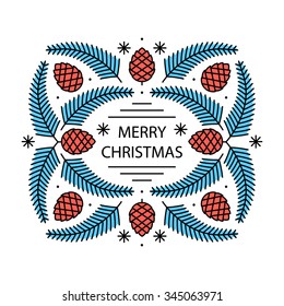 Merry Christmas greeting card wreath composition with fir tree branches and cones. Flat style thin line art color icons set isolated on white background.