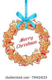 Merry Christmas greeting card with wreath of various gingerbreads.