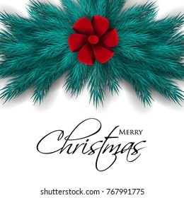 Merry Christmas greeting card with wreath of fir tree branches background Winter holiday party invitation. Red bow