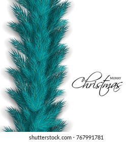 Merry Christmas greeting card with wreath of fir tree branches background Winter holiday party invitation.