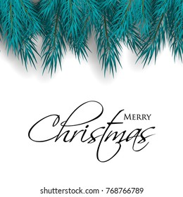 Merry Christmas greeting card with wreath of fir tree branches background Winter holiday party invitation.