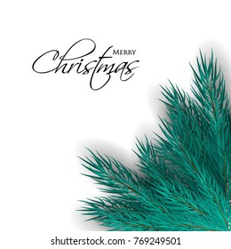 Merry Christmas greeting card with wreath of fir tree branches background Winter holiday party invitation.