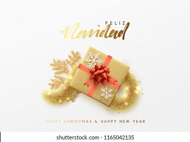 Frohe Weihnachtsgrußkarte. Weihnachtshintergrund, Geschenkbox mit goldener Töne und heller goldener Schneeflocke. Spanischer Text Feliz Navidad. (Übersetzen glückliches neues Jahr und frohe Weihnachten)