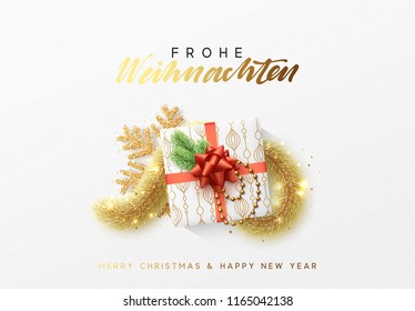 Merry Christmas greeting card. Xmas holiday background, gift present box with gold tinsel and bright golden snowflake. German text Frohe Weihnachten (Translation Happy New Year and Merry Christmas)