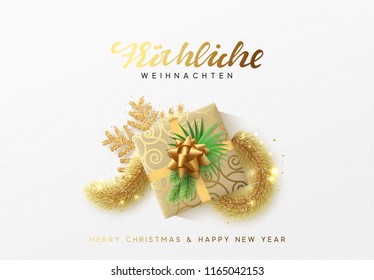 Merry Christmas greeting card. Xmas holiday background, gift present box with gold tinsel  bright golden snowflake. German text Frohliche Weihnachten (Translation Happy New Year and Merry Christmas)