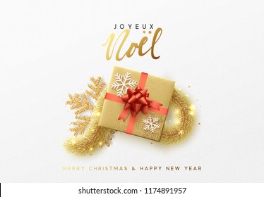 Merry Christmas greeting card. Xmas holiday background, gift box with gold tinsel and bright golden snowflake. French text Joyeux Noel.