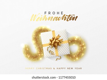 Merry Christmas greeting card. Xmas holiday background, gift box with gold tinsel and bright golden snowflake. German text Frohe Weihnachten