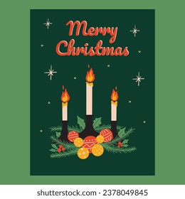 Merry Christmas greeting card, xmas vector illustration postcard with candles, snow, winter holiday elements