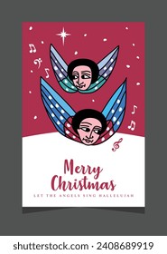 Merry Christmas greeting card. Xmas greeting card design with beautiful traditional Ethiopian angel iconic art. angels singing Hallelujah. Minimal art banner, poster, cover templates