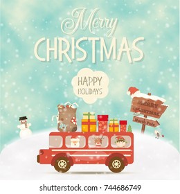 Merry Christmas Greeting Card - Xmas Bus with Cute Holidays Characters on Winter Landscape. Vector Illustration.