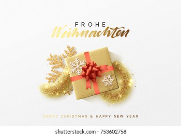 Merry Christmas greeting card. Xmas holiday background, gift box with gold tinsel and bright golden snowflake. German text Frohe Weihnachten