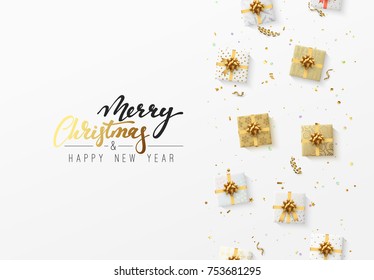 Merry Christmas greeting card. Xmas holiday background, gift box with gold tinsel, bright glitter confetti and golden serpentine.