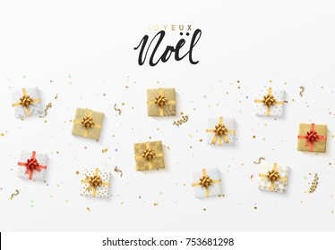 Merry Christmas greeting card. Xmas holiday background, gift box with gold tinsel, bright glitter confetti and golden serpentine. French text Joyeux Noel. Merry Christmas greeting card. Xmas holiday background, gift box with gold tinsel, bright glitter confetti and golden serpentine. French text Joyeux Noel.