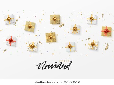 Merry Christmas greeting card. Xmas holiday background, gift box with gold tinsel, bright glitter confetti and golden serpentine. Spanish text Feliz Navidad.