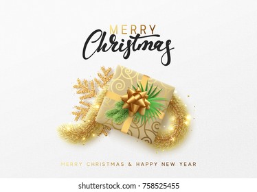 Merry Christmas greeting card. Xmas holiday background, gift box with gold tinsel and bright golden snowflake.