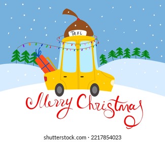 Merry Christmas greeting card. A yellow Christmas taxi with a tree and gifts is driving down the road.