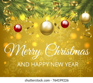 Merry Christmas greeting card with yellow snowflakes background, Christmas tree border, baubles and golden serpentine streamers