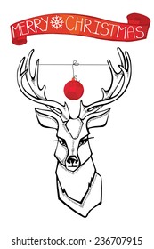 Merry Christmas greeting card,banner.Vintage Reindeer with Christmas toy,stroll banner.Ball and banner in modern polygon ornament. Retro vector