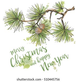 Merry Christmas greeting card.Pine branch with cone hand drawn vector illustration Holiday design for greeting cards, calendars, posters, prints, invitations.