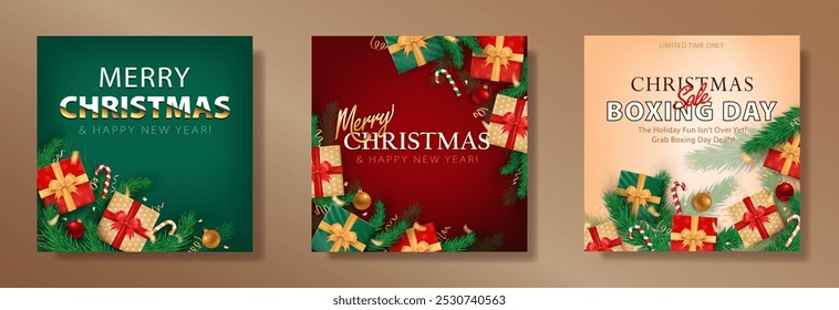 Merry Christmas greeting cards with 3d gift boxes with bows, candy canes, golden confetti and fir branches on red, green, beige background. Square banners for winter holiday and New Year celebration