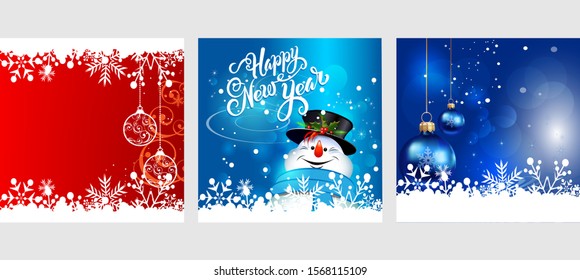 Merry Christmas. Greeting cards with Christmas balls and happy Snowman. Three templates for your design: New Year cards, flyers, invitations, posters, brochures, banners. Vector illustration