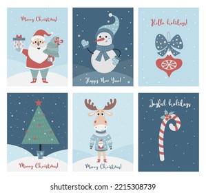 Merry Christmas greeting cards with characters Santa Claus with Christmas tree, snowman and cute deer in sweater. Vector vertical design templates. Xmas and New 2023 Year celebration preparation.