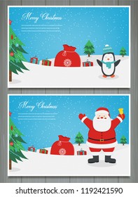 Merry christmas greeting cards collection. Christmas set with Santa and other characters. Vector illustration