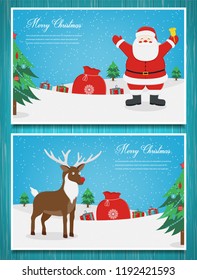 Merry christmas greeting cards collection. Christmas set with Santa and other characters. Vector illustration