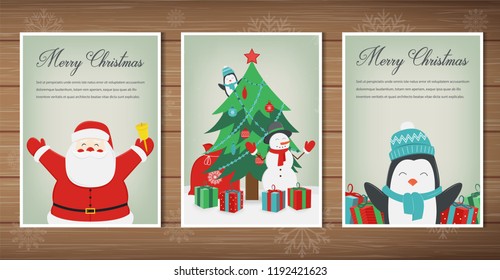 Merry christmas greeting cards collection. Christmas set with Santa and other characters. Vector illustration