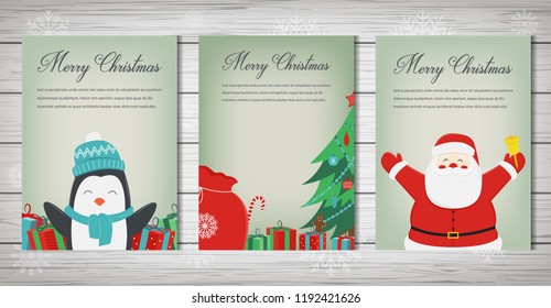 Merry christmas greeting cards collection. Christmas set with Santa and other characters. Vector illustration