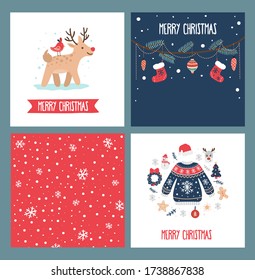 Ilustración vectorial de la colección de tarjetas de felicitación de navidad. Calcetines rojos festivos decoraciones de árboles ciervos y dibujos animados de suéter de punto. Concepto de navidad e invierno