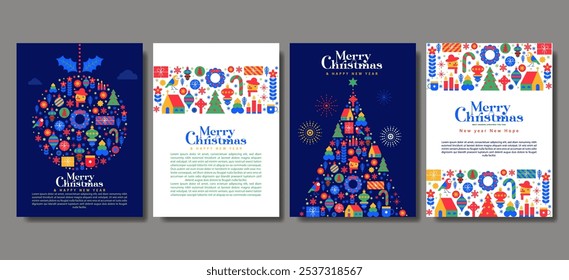 Merry Christmas greeting cards collection in modern minimalist geometric style. vector illustration