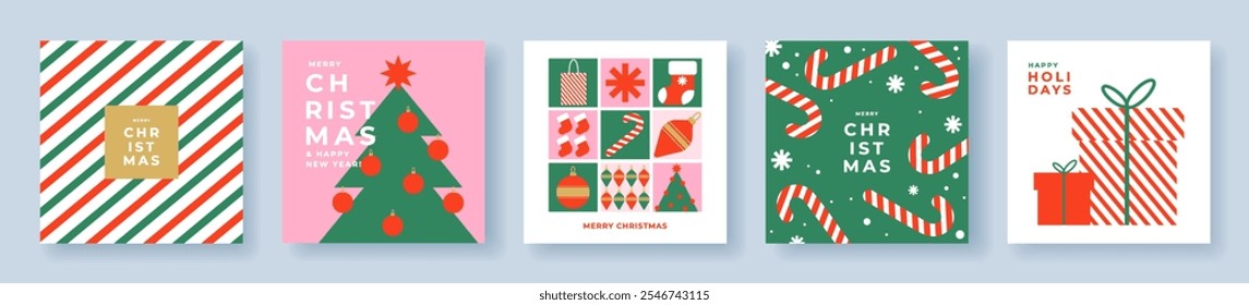 Tarjetas de felicitación de Navidades alegres, cubiertas, carteles en estilo geométrico simple moderno en colores verdes, rojos, rosados para saludos de temporada, anuncios, impresión. Plantillas de diseño de diseño de Navidad de moda