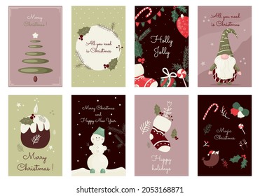 Merry Christmas greeting cards with cute festive elements. Happy Holidays template collection for New Year, label, poster, tag, postcard. Vector illustration