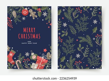 Merry Christmas greeting cards. Cute flat design elements in retro style. Holiday gifts, Christmas tree branches and toys, gingerbread, sock and other accessories for winter decor. Vector illustration