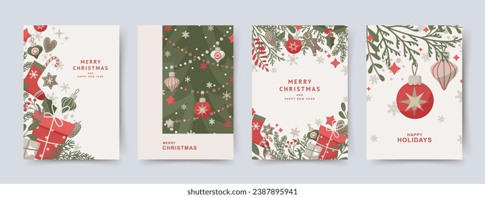 Merry Christmas greeting cards. Cute flat design elements in retro style. Universal vector art templates with holidays gifts, Christmas tree and toys, gingerbread cookies and other winter decor