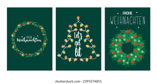 Merry Christmas greeting cards. Cute flat design elements in retro style. Universal vector art templates with holidays Wreath and Christmas tree and hand drawn lettering.