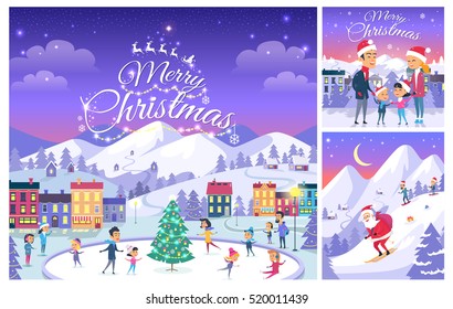 Merry Christmas. Greeting cards design for celebration Christmas. Happy people on ice rink. Houses on background. Excited family outside. Skiing Santa Claus with presents. Cartoon style. Vector