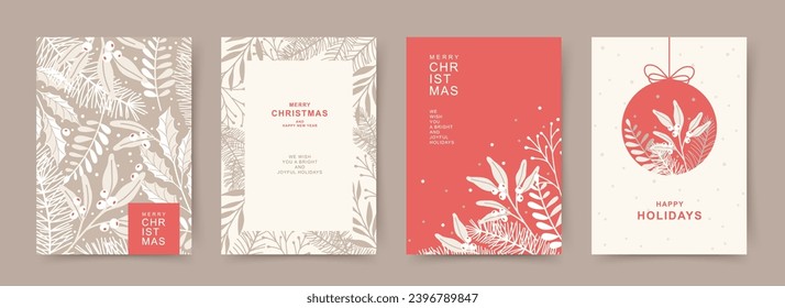 Merry Christmas greeting cards. Elegant design with fir branches, mistletoe, winter floral elements. Holiday artistic vector templates for banner, invitation, poster, advertising, social media